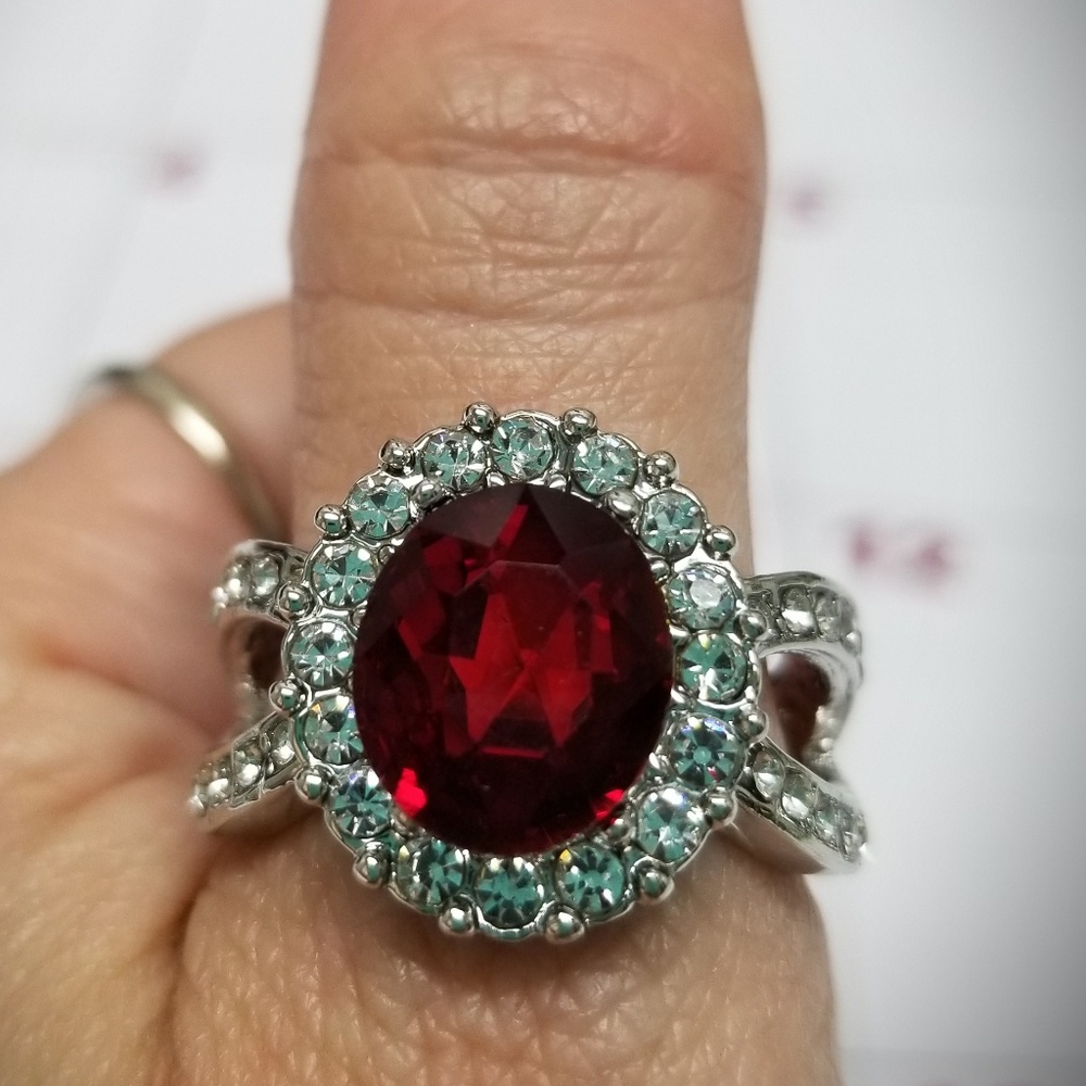 Red and White Rhinestone Halo Ring